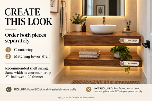 Premium Floating Bathroom Vanity Countertop | White OAK Finish Veneer | LED Ready Channel Included | Wall Mounted Vanity Shelf