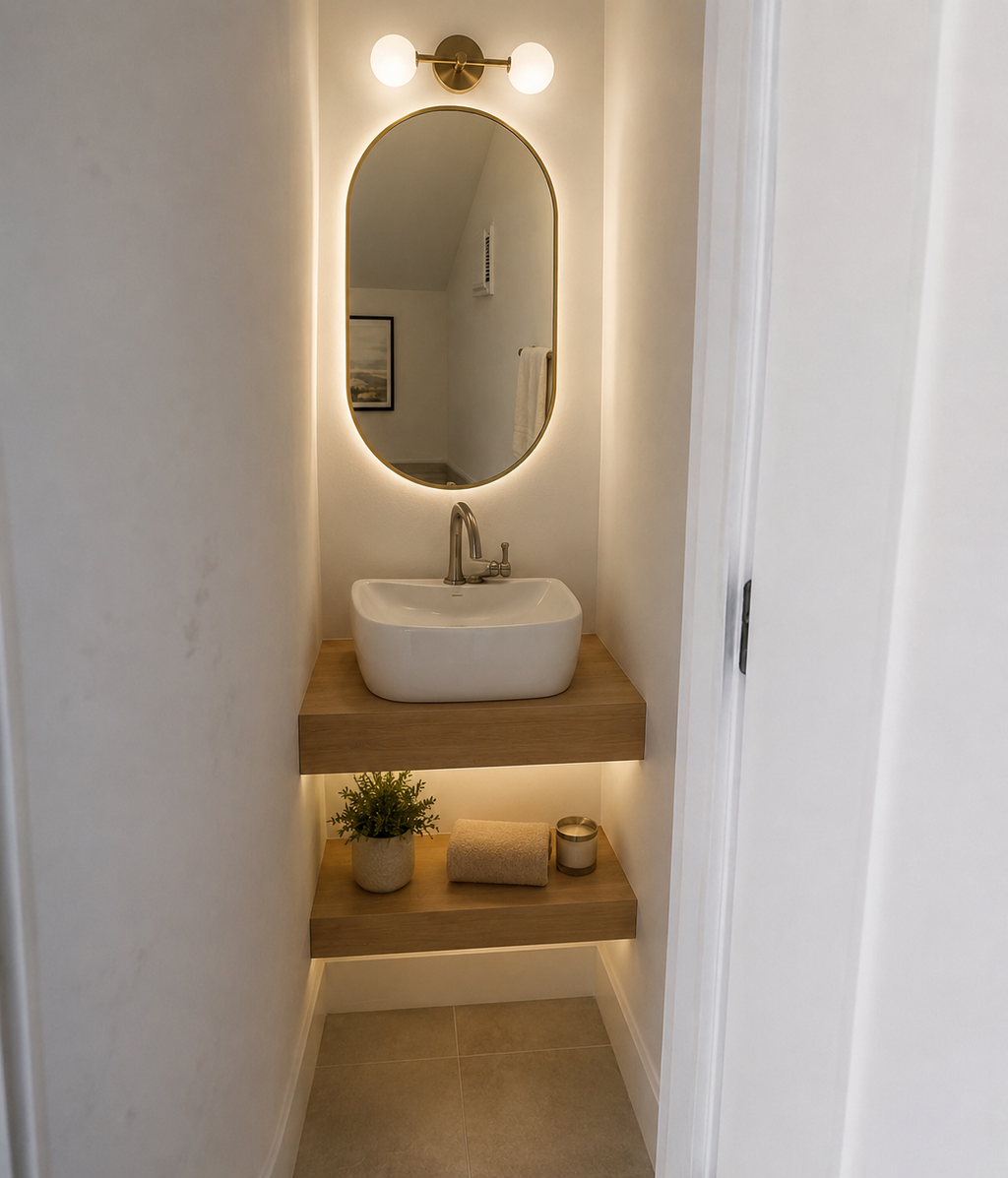 Premium Floating Bathroom Vanity Countertop | White OAK Finish Veneer | LED Ready Channel Included | Wall Mounted Vanity Shelf